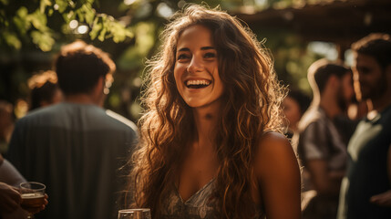 portrait of a beautiful woman at a barbecue party. backyard party.