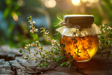 Close-Up of Wild Golden Herbal Honey in a Jar. Summer Delicious Sweetener with Thyme Herbs. - obrazy, fototapety, plakaty