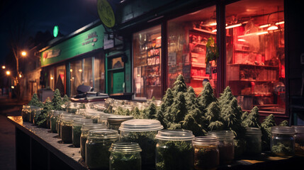 Fototapeta premium The cannabis store.marijuana on the store counter. marijuana legalization. CBD