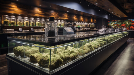 The cannabis store.marijuana on the store counter. marijuana legalization. CBD - obrazy, fototapety, plakaty