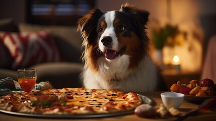 there's a dog sitting at a table, there's pizza on the table.