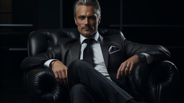 portrait of a businessman in a leather chair. head of a large company, top manager, general director