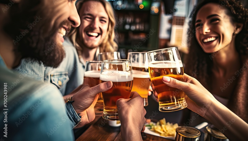 Wall mural happy friends enjoying happy hour drinking beer at brewery pub , group of young people hanging out d