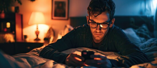 A 30-something man triumphs over a game boss on his cellphone from bed, addicted to apps. - obrazy, fototapety, plakaty