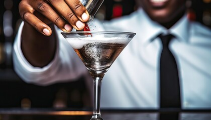Barman making cocktail at night club , Bartender pouring alcohol from shaker into martini glass , Beverage life style