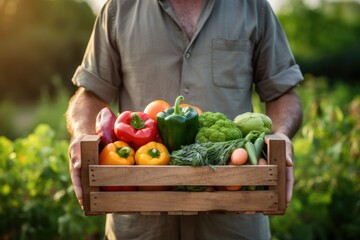 Happy Farmer holds in hands wooden box of organic vegetables in backyard background., A professional photography should use a high-quality, clean, tidy,