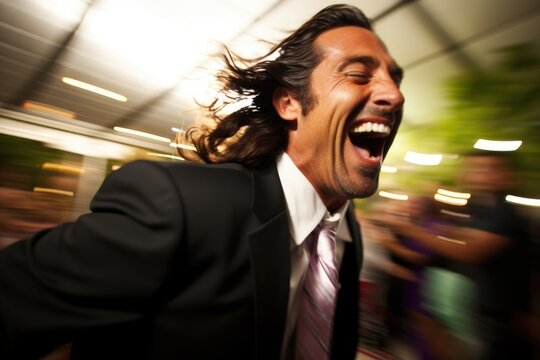 Happy below average looking hispanic looking man in his 40s, dancing at a wedding, close up to his face, the background is a motion blur, he looks confident and very happy, 
