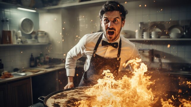 Hombre, 40 a&Atilde;&plusmn;os, clase media, atareado, preocupado, no sabe cocinar, trata de cocinar un plato especial