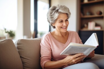 image of a woman in her late fifties reading a book on the couch, happy and healthy widescreen format  - Powered by Adobe