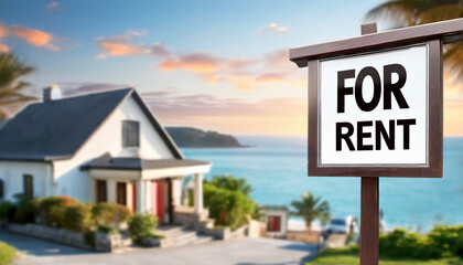 For rent sign with tropical beach in background. Ocean front vacation rental property - obrazy, fototapety, plakaty