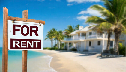 For rent sign with tropical beach in background. Ocean front vacation rental property
