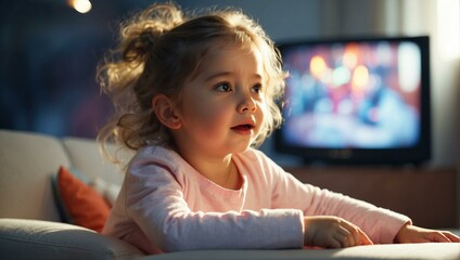 Fototapeta na wymiar A cheerful little girl is watching TV in her house.
