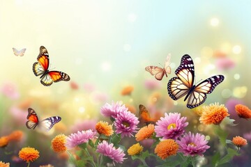 Vibrant spring scene with fluttering butterflies and blooming flowers. Generative AI