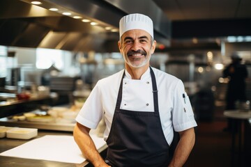 Middle aged caucasian european kitchen chef in a modern restaurant kitchen smiling , portrait, behance photographys  unsplash 8k, real photo, photography - Powered by Adobe