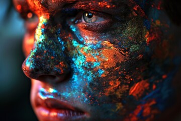 Intense Neon Paint Portrait with Focus on Eyes.
Intense look from eyes on a neon-painted face.