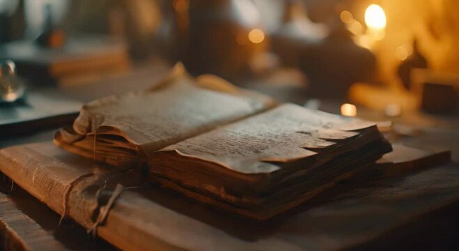 An open book with ancient text against a candle background. The concept of knowledge and history.