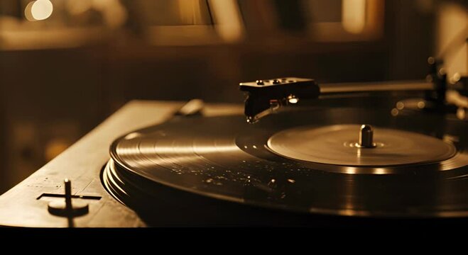 A vinyl record on a turntable illuminated by lamp light. The concept of music and nostalgia.