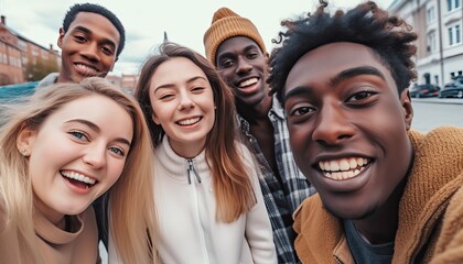 Happy multiracial friends taking selfie picture outside , Group of young people smiling together at camera outdoors , Teenagers having fun walking on city street , Youth culture and friendship