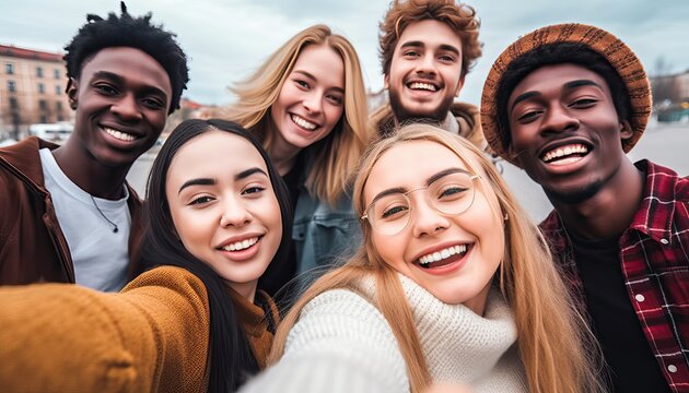 Happy multiracial friends taking selfie picture outside , Group of young people smiling together at camera outdoors , Teenagers having fun walking on city street , Youth culture and friendship