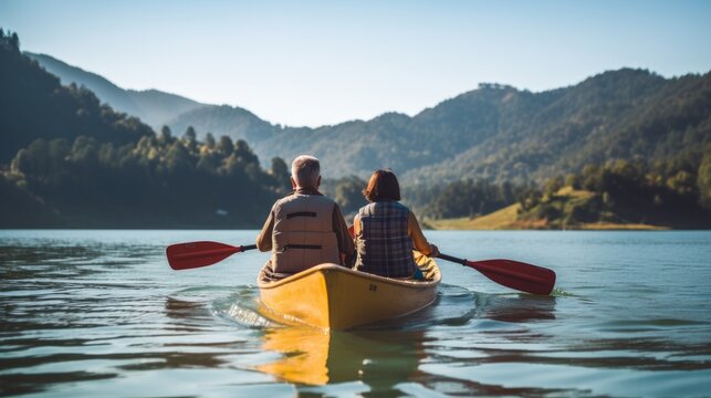 pareja de hombre y mujer seniors navegando en canoa por un lago entre monta&Atilde;&plusmn;as en un d&Atilde;&shy;a soleado, concepto de vacaciones y actividades para mayores 