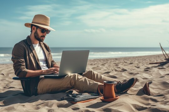 Person working on laptop on a beach, photo by adobe stock, in the style of photo-realistic landscapes, unprimed canvas, retro chic, 