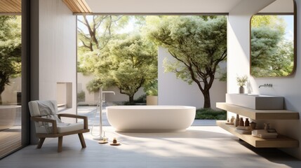Modern contemporary bathroom with white wall and large windows, Looking out to see the garden view, Generative AI