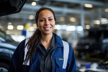 Picture an automotive sector female professional in their element. Facing front. Their attire signifies expertise. Capture them engaged in a task showcasing their skill inspecting vehicles,