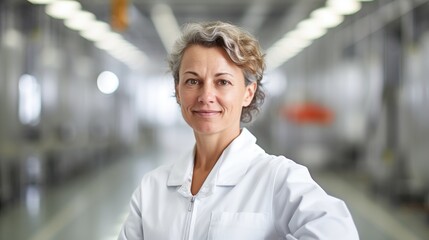 Fototapeta premium Portrait of a 50 year poland female co-worker, wearing white chemical factory clothes, standing in a huge light and bright chemical factory hall. 