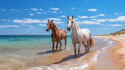 Two horses standing on the sandy beach