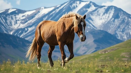 Horse on a green meadow against the background of the mountains