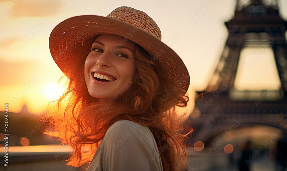 Wall mural Happy woman in a hat travel in Paris On the Sunset