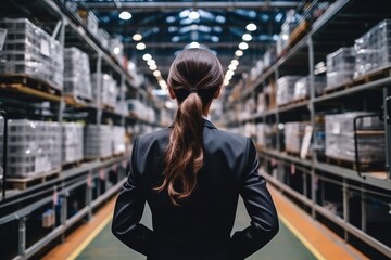 Fototapeta premium Rear view of businesswoman in a suit with a helmet and a ponytail in a car factory with modern machinery 