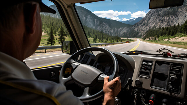 A Bus Drivers Perspective From The Drivers Seat With Hands On The Wheel And A Scenic Highway Stretching Ahead.