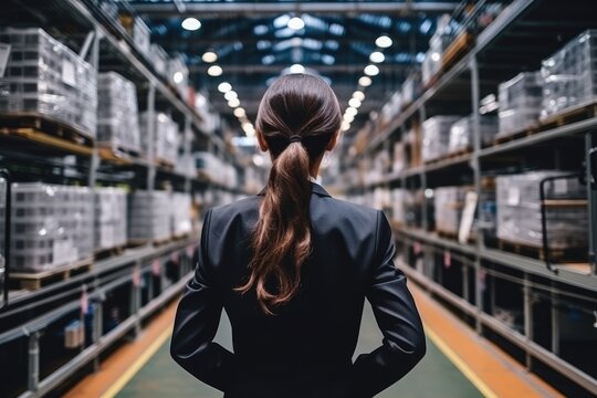Rear view of businesswoman in a suit with a helmet and a ponytail in a car factory with modern machinery 