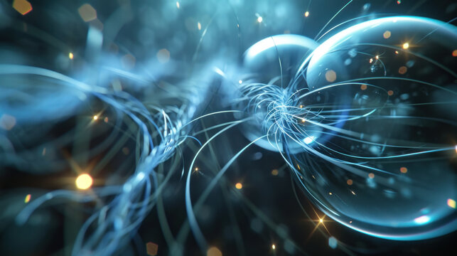 Quantum computing background with illustration of qubit and field force over a sci-fi background. Neural network and machine learning with quantum computer