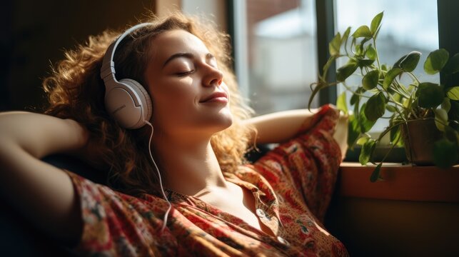 Relaxed young woman lying on the sofa with closed eyes listening to music happy in an apartment,real,photo 