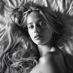 jeune femme blonde aux cheveux long allongée nue dans un lit