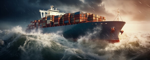 Container shipping companies, Cargo ship liner with containers on board in storm sea under sun - obrazy, fototapety, plakaty