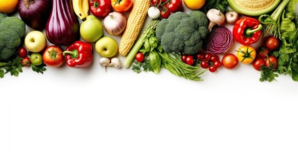 an overhead view of healthy fresh organic colourful fruits and vegetables arranged on the left border of the white background creates the frame and leaves useful copy space for text  - obrazy, fototapety, plakaty