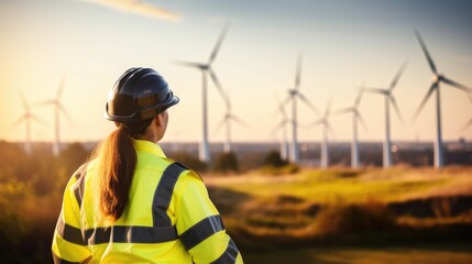 Woman guard on defocused background Wind farms  - Powered by Adobe