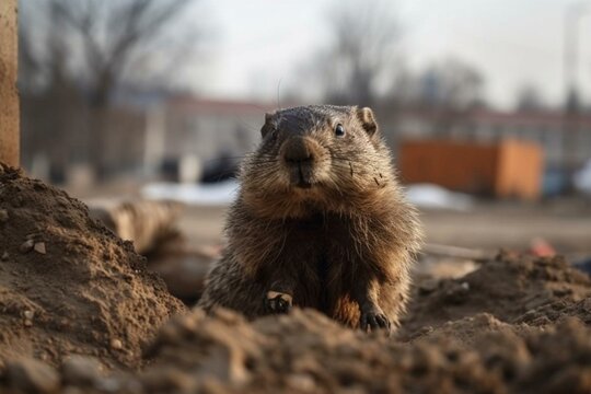 Groundhog gently peeps out of mink, Baikonur, Kazakhstan. Generative AI