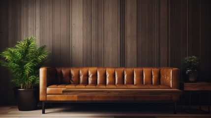 Wood table top on blur living room have leather sofa and decoration minimal