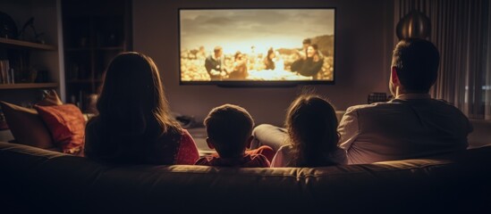 Family watching TV on sofa in lounge, seen from behind. - obrazy, fototapety, plakaty