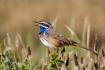 blue jay on a branch, Bluethroat chirping in a  field stock photo