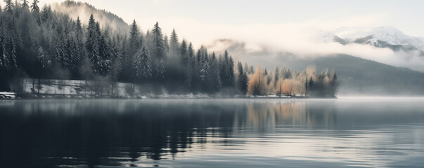 Beautiful scene of winter forest. Colorful morning view of misty lake and mountains during sunrise. Beauty of nature concept background.