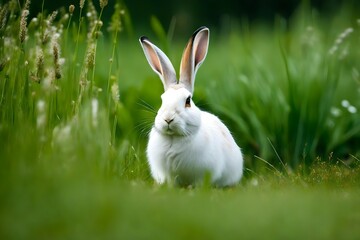 Naklejka premium rabbit in the grass, The white rabbit walks on the green grass. Long-eared hare on the lawn. . Rodent. Easter concept. stock photo