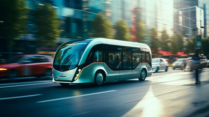 A futuristic electric bus gliding silently through a bustling city showcasing sustainable public transportation options. - obrazy, fototapety, plakaty