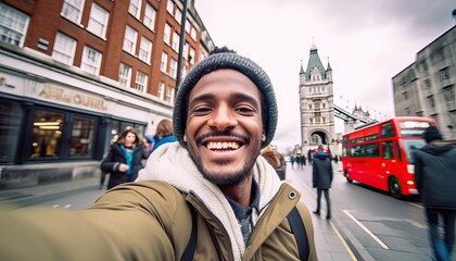 Smiling man taking selfie picture in England , Young tourist male taking memory pic with iconic england landmark , Weekend holidays - obrazy, fototapety, plakaty
