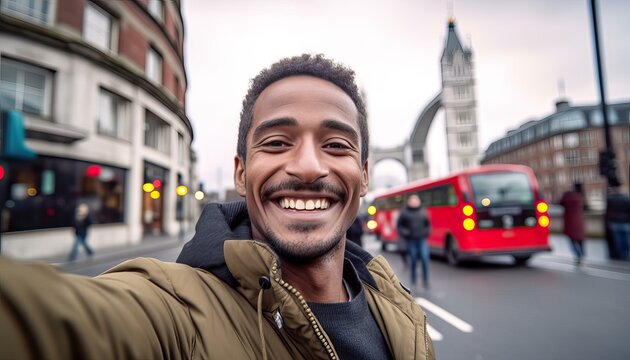 Smiling man taking selfie picture in England , Young tourist male taking memory pic with iconic england landmark , Weekend holidays