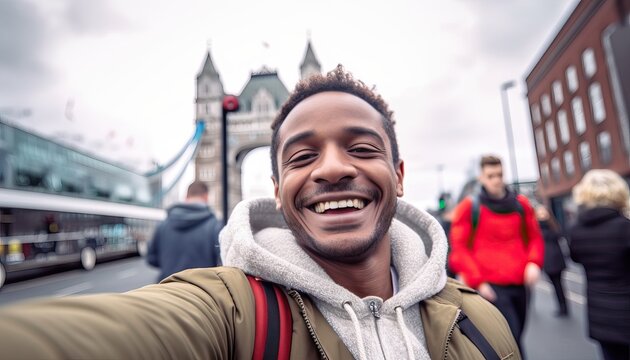 Smiling man taking selfie picture in England , Young tourist male taking memory pic with iconic england landmark , Weekend holidays